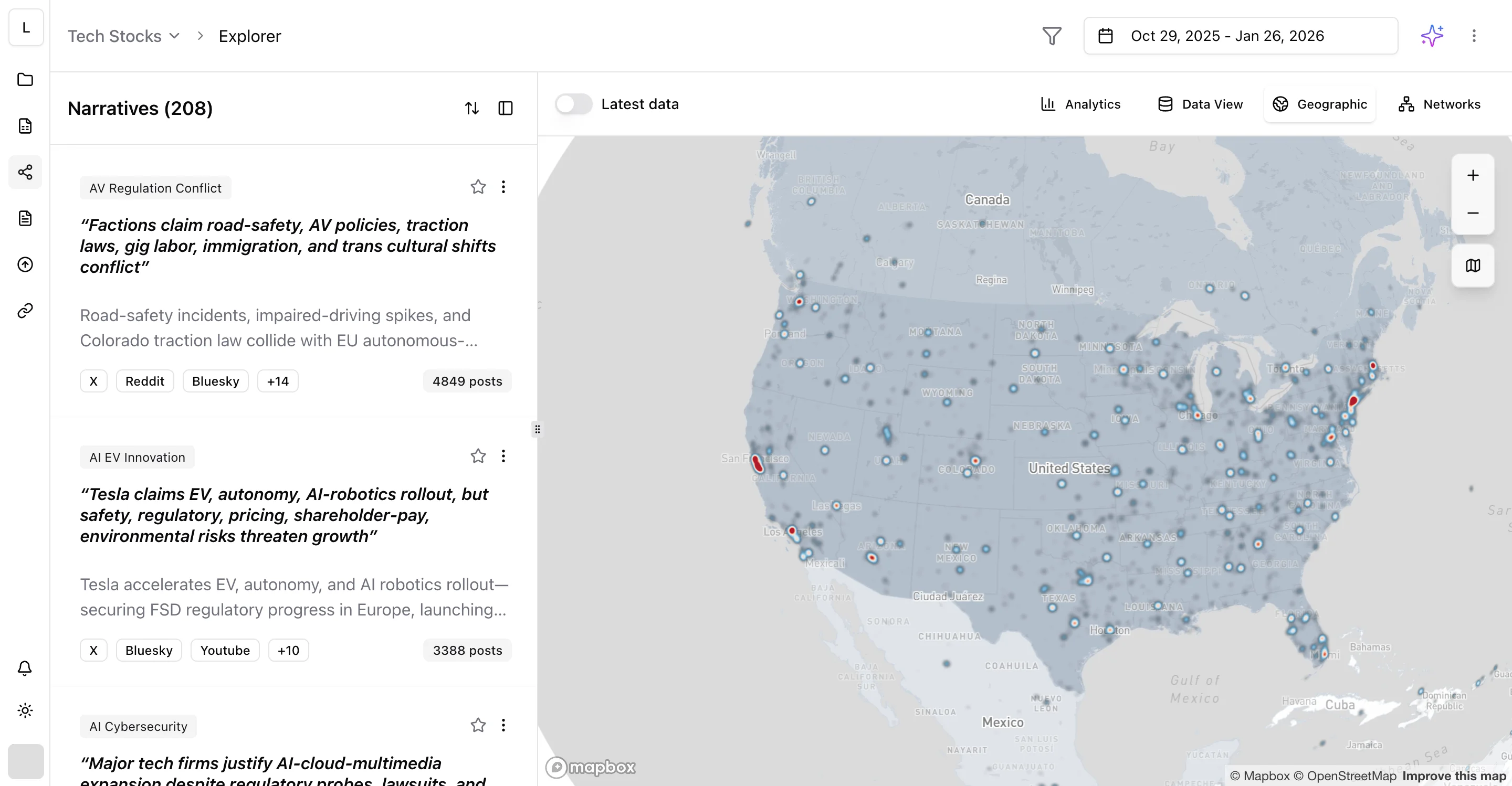 Logically Intelligence geographic view showing narrative activity mapped across the United States
